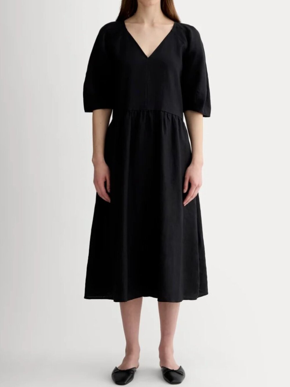 NWT Everlane The Linen Oversized Puff-Sleeve Dress Black, Size XXS, $158 Retail